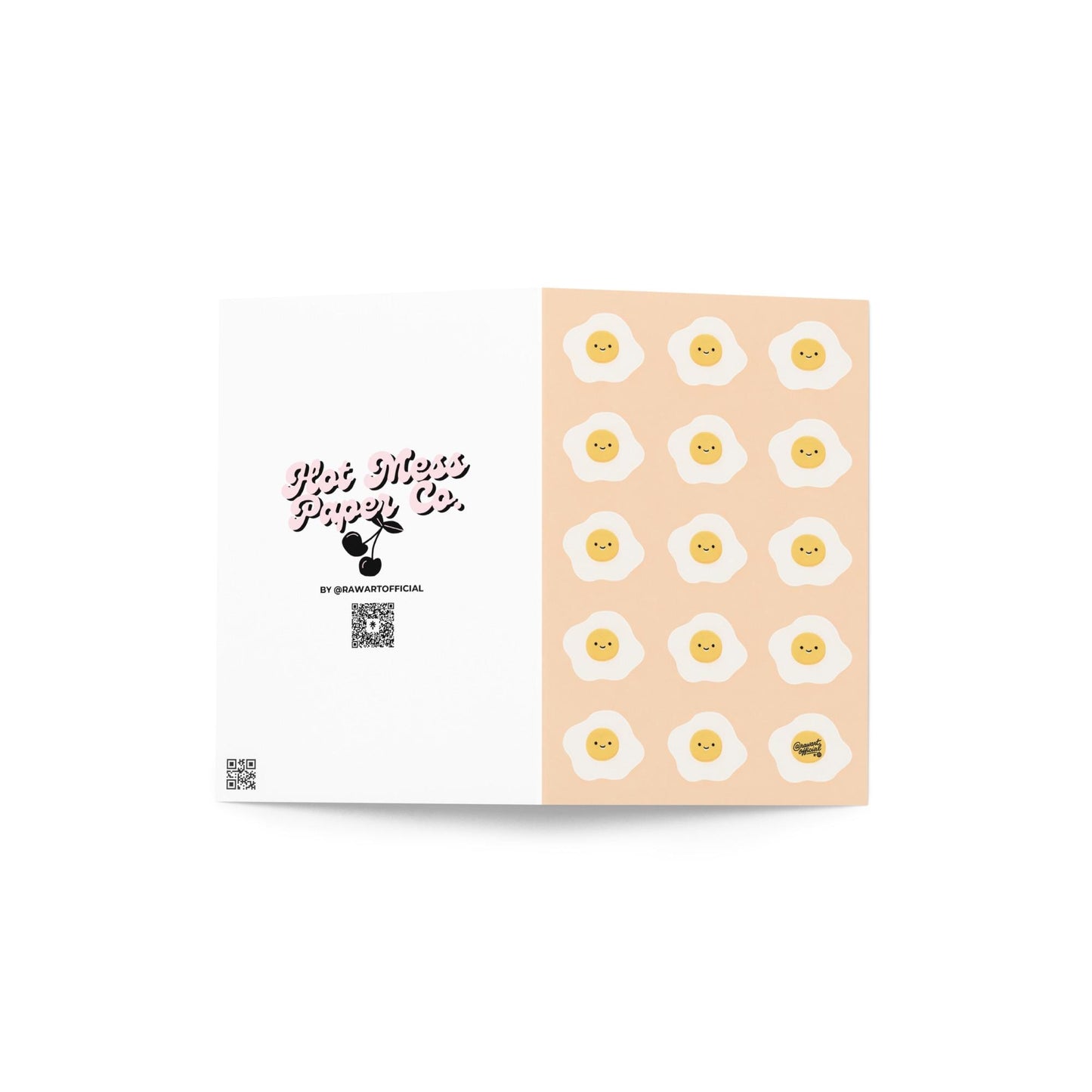pink card with repeating cute smiley fried eggs breakfast pattern