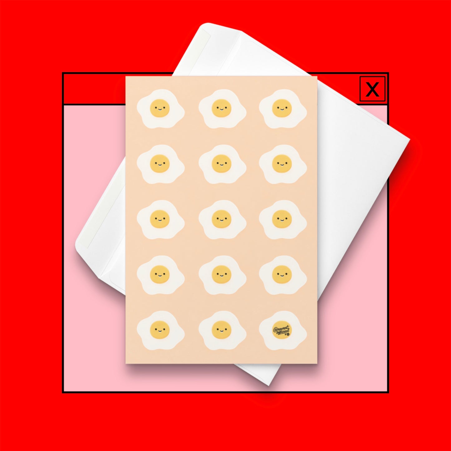 pink card with repeating cute smiley fried eggs breakfast pattern