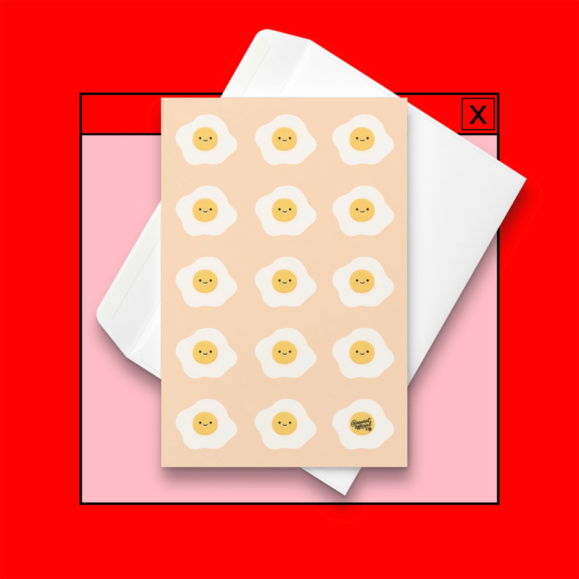 pink card with repeating cute smiley fried eggs breakfast pattern