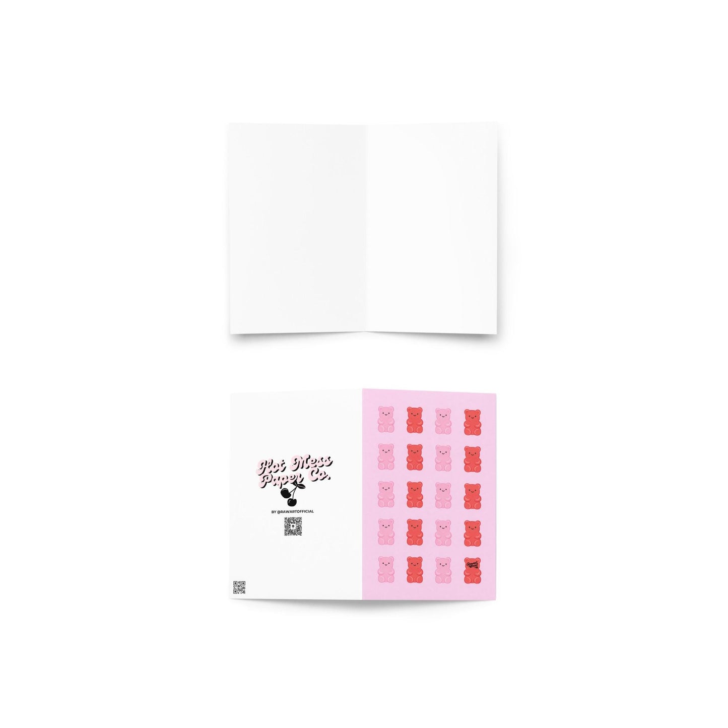 pink card with repeating pink and red gummy bears cute candy pattern design