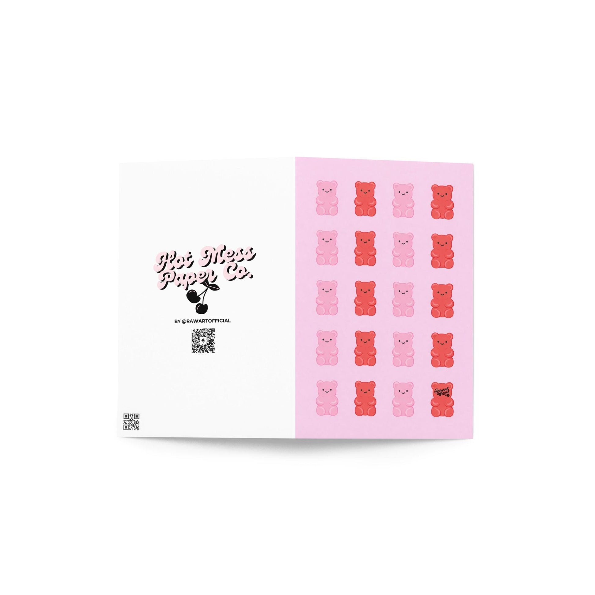 pink card with repeating pink and red gummy bears cute candy pattern design
