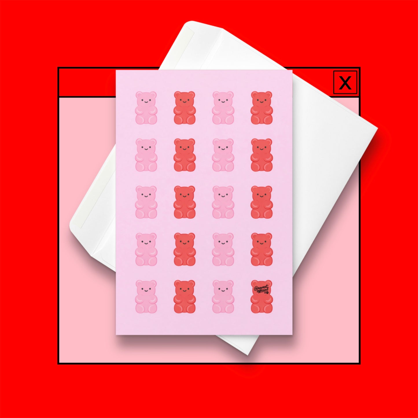 pink card with repeating pink and red gummy bears cute candy pattern design