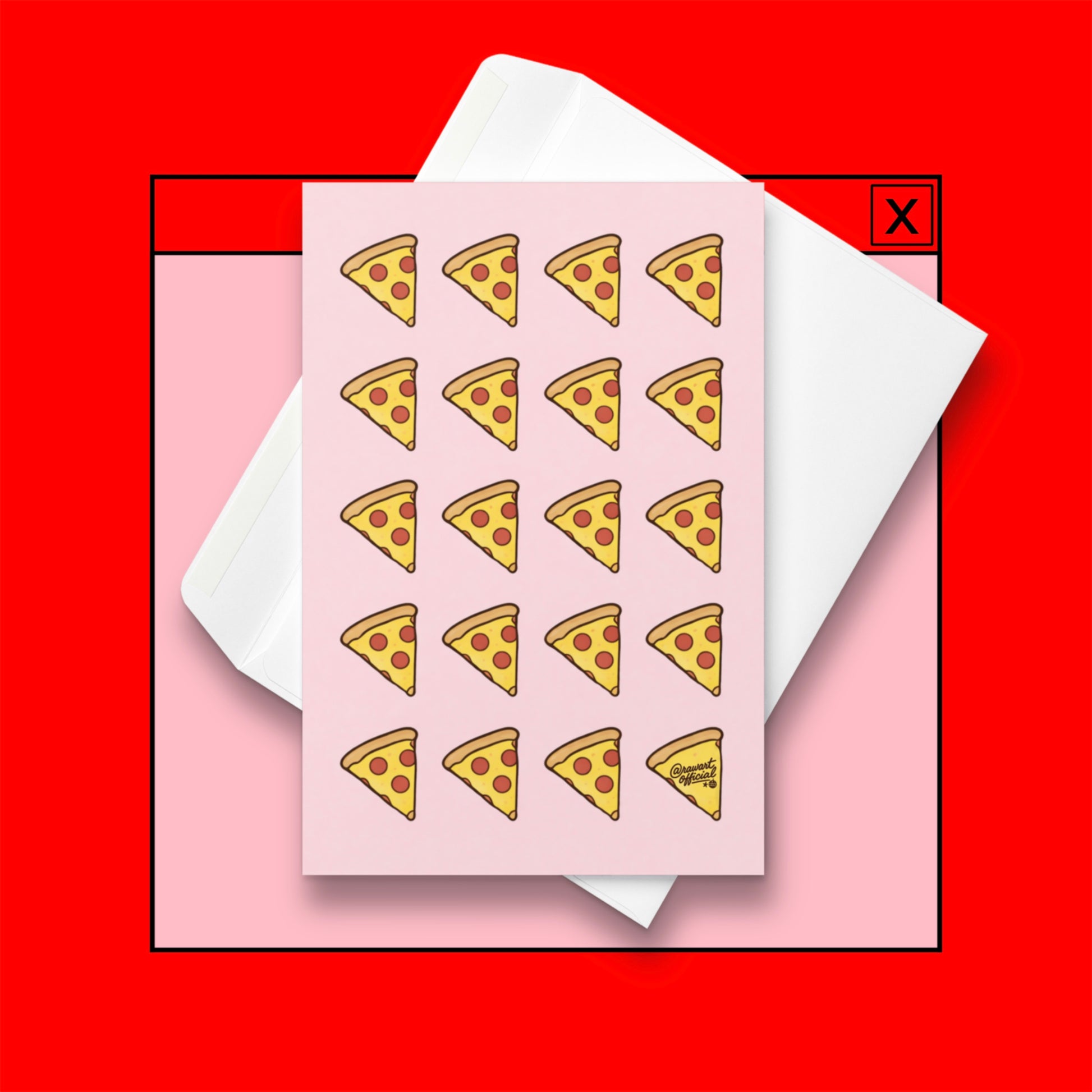 pink card with repeating pepperoni pizza slices cute food pattern design