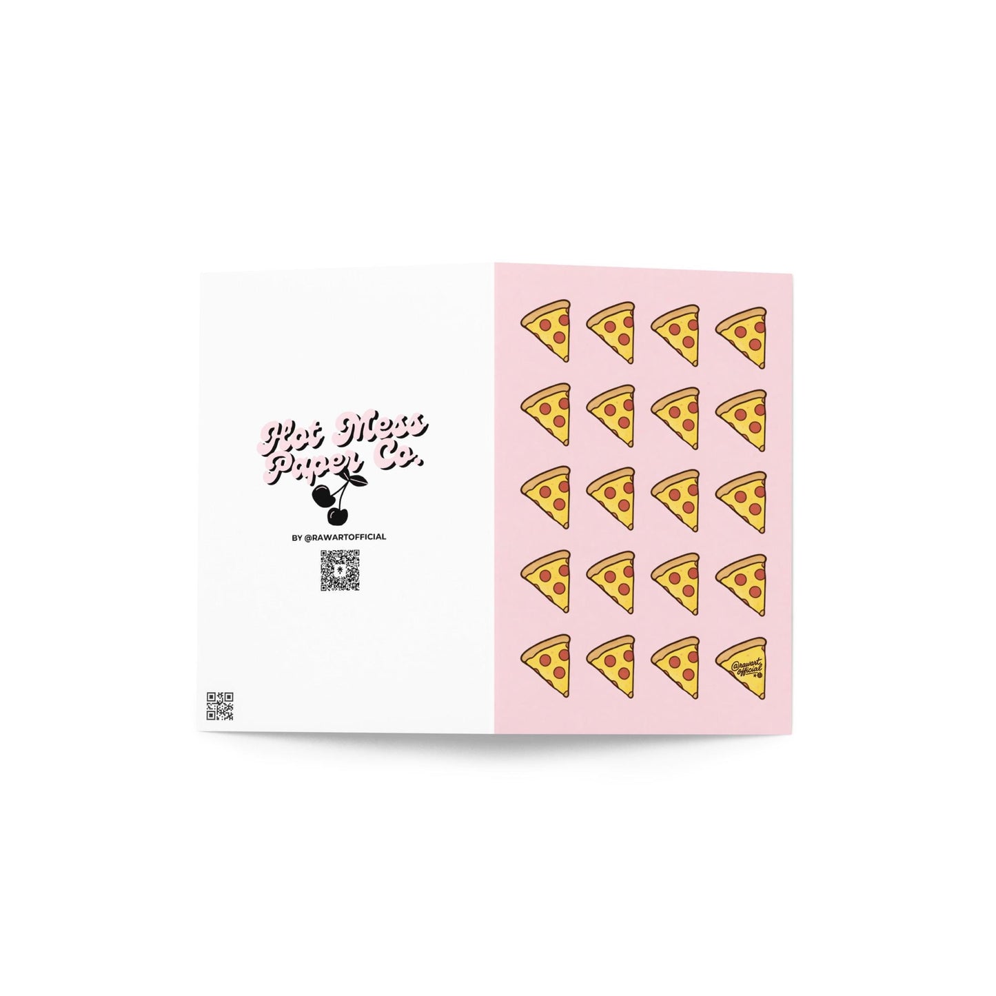 pink card with repeating pepperoni pizza slices cute food pattern design