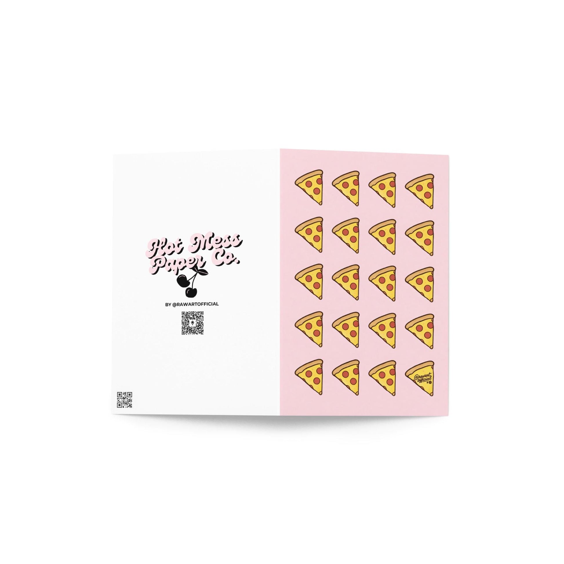 pink card with repeating pepperoni pizza slices cute food pattern design