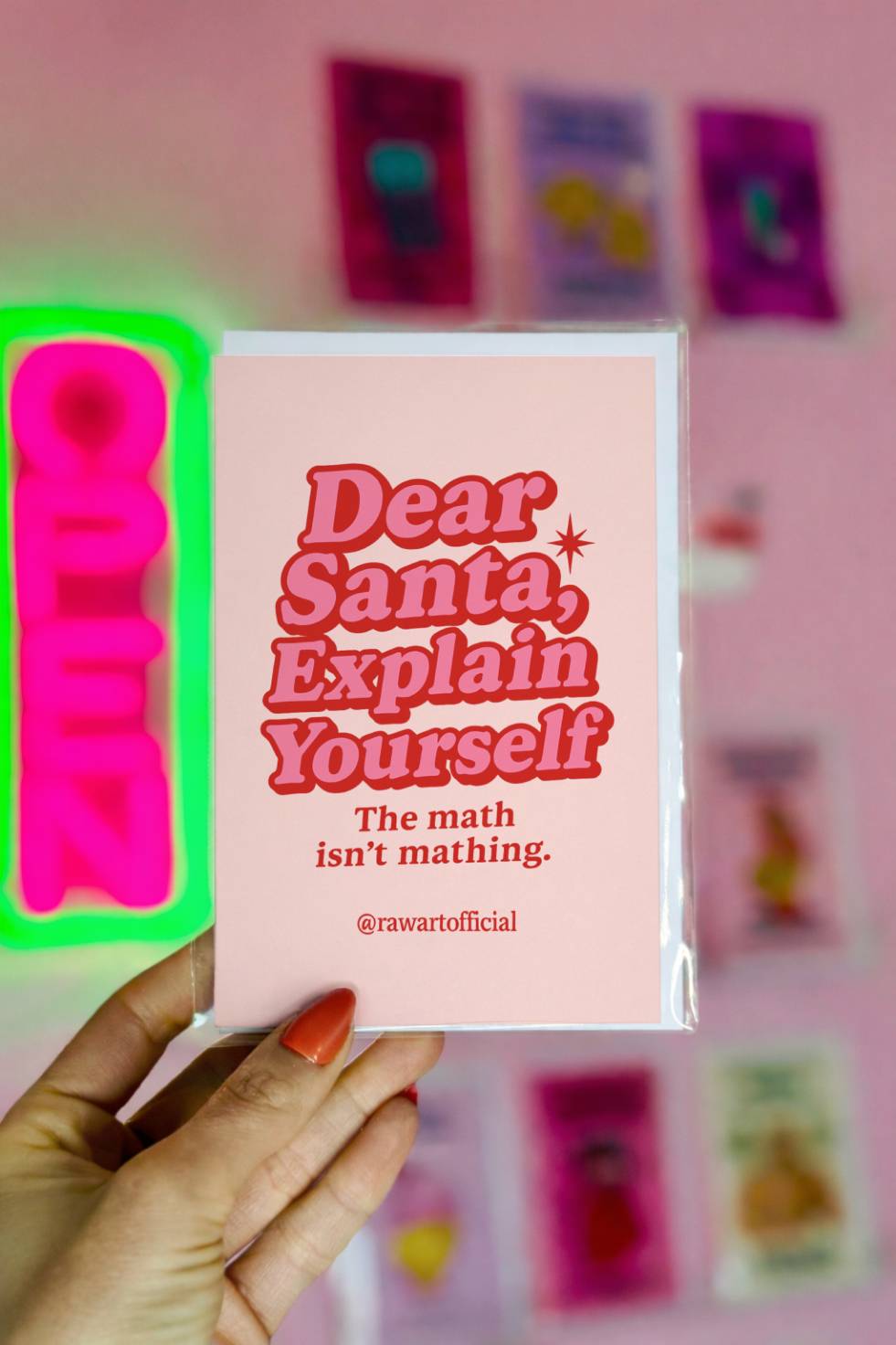 Funny Christmas card with retro red lettering that reads “Dear Santa Explain Yourself. The math isn’t mathing.”