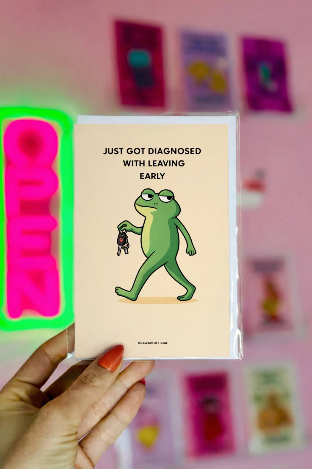 funny leaving early greeting card with cartoon frog holding car keys and text just got diagnosed with leaving early