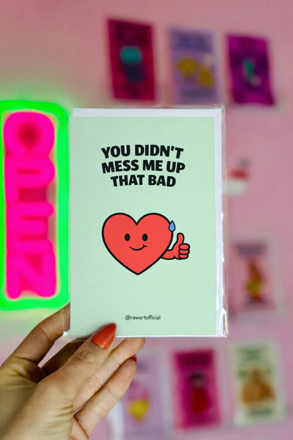 funny parent appreciation greeting card with smiling heart giving thumbs up and text you didn’t mess me up that bad