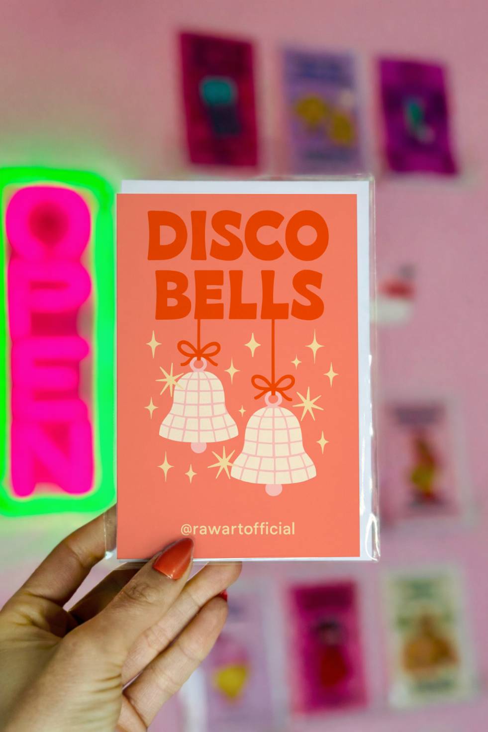 Christmas greeting card with disco-style bells and text “Disco Bells.”