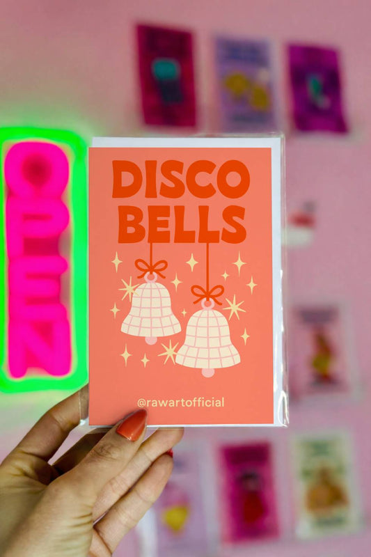 Christmas greeting card with disco-style bells and text “Disco Bells.”