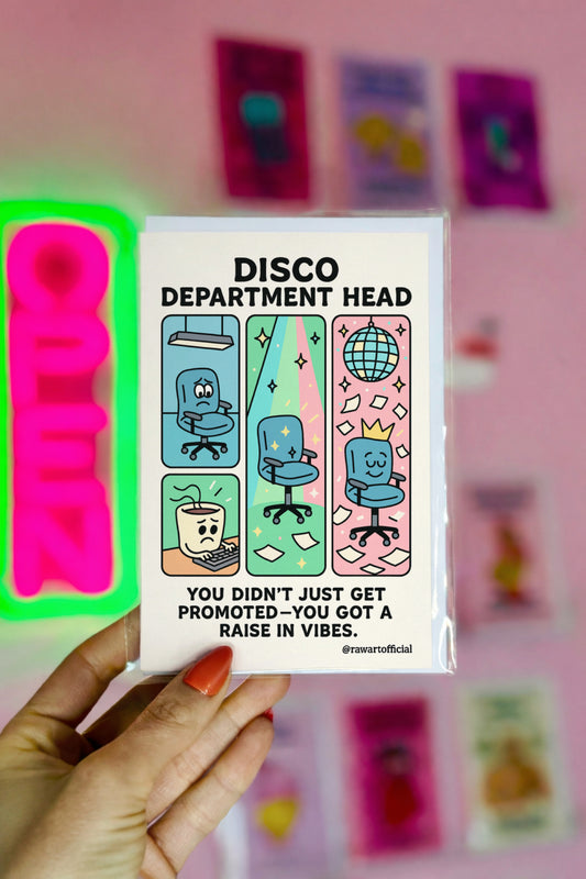 Retro promotion card featuring an office chair under a disco ball with the phrase “Disco Department Head.”