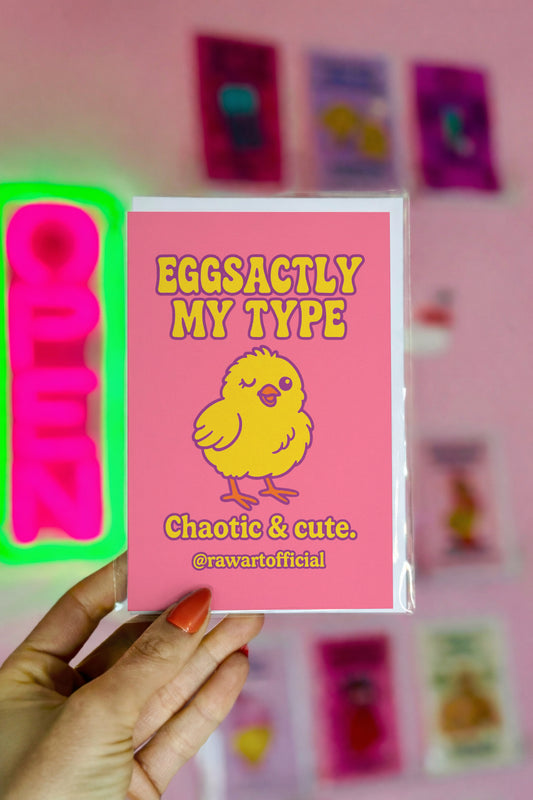 pink easter love card with winking yellow chick and eggsactly my type pun flirty chaotic humor