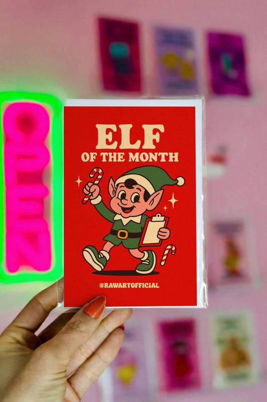 Funny Christmas card with retro elf holding clipboard and candy cane with text “Elf of the Month.”