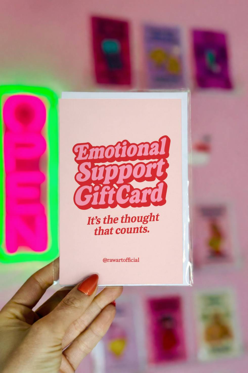Funny greeting card with retro typography reading “Emotional Support Gift Card – It’s the thought that counts.”