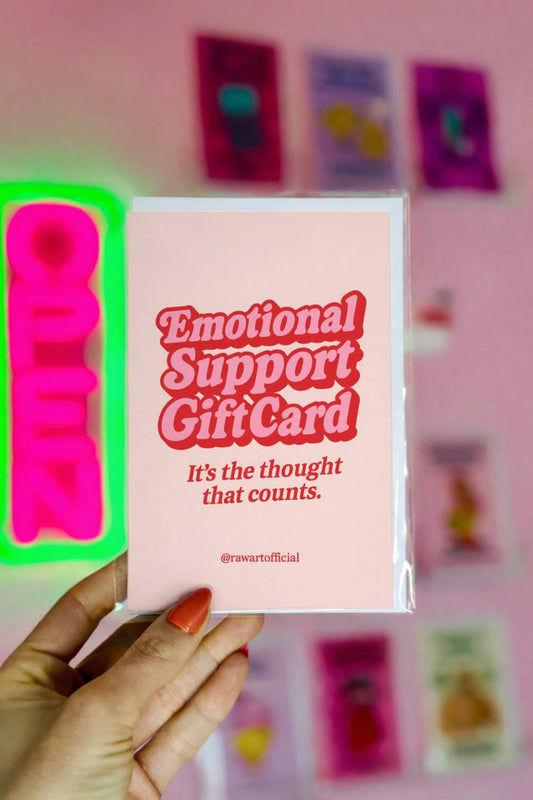 Funny greeting card with retro typography reading “Emotional Support Gift Card – It’s the thought that counts.”