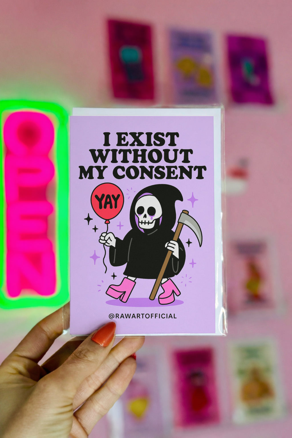 Funny grim reaper birthday card with pink boots and balloon saying "I Exist Without My Consent" dark humor Halloween stationery