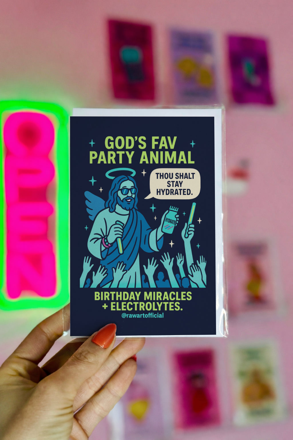Funny Jesus rave birthday card with hydration theme and glowing retro style.