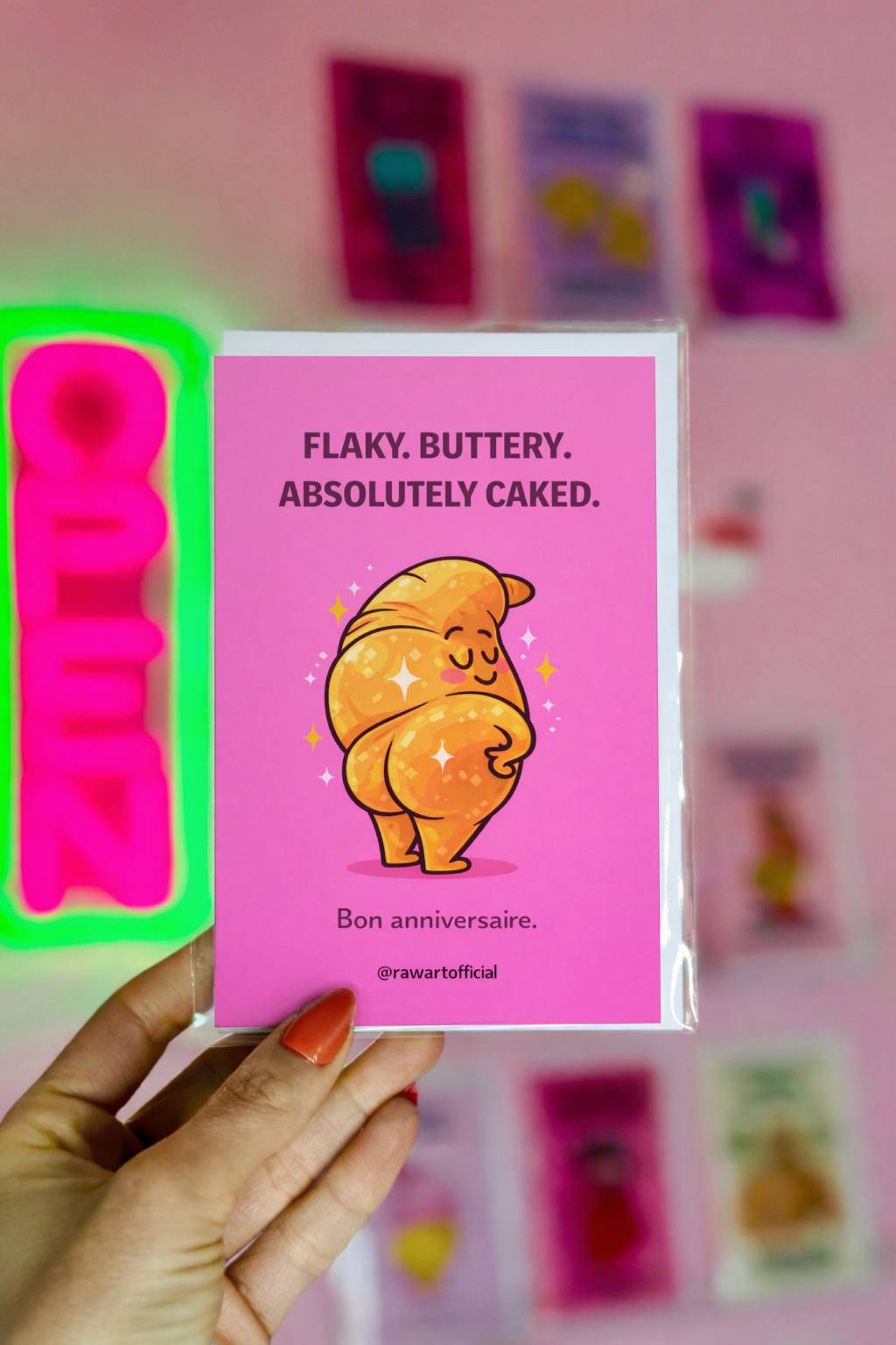 Funny croissant birthday card with thicc croissant posing and text flaky buttery absolutely caked bon anniversaire adult humor design