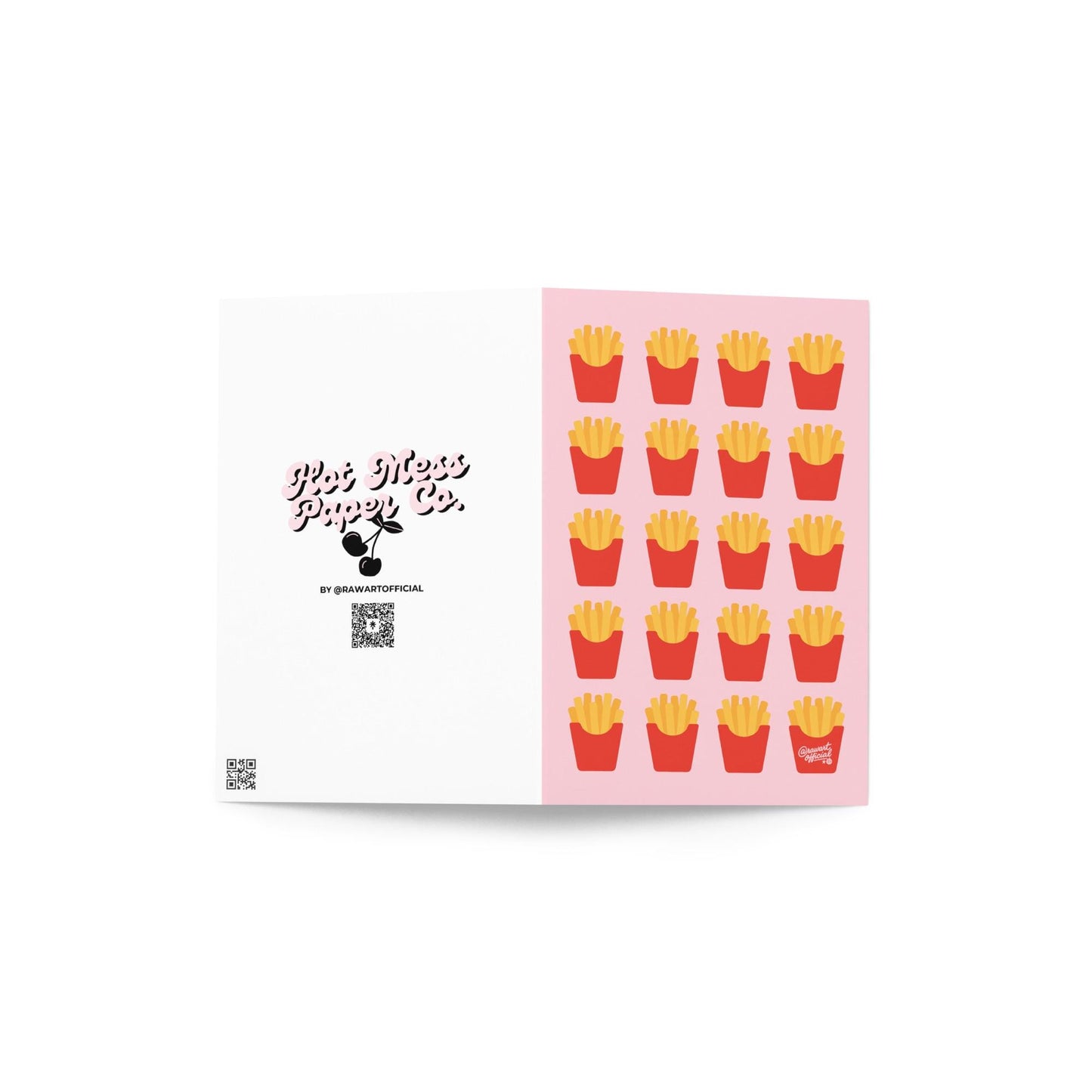 Greeting card featuring a repeating pattern of illustrated french fries in red cartons on a soft pink background.
