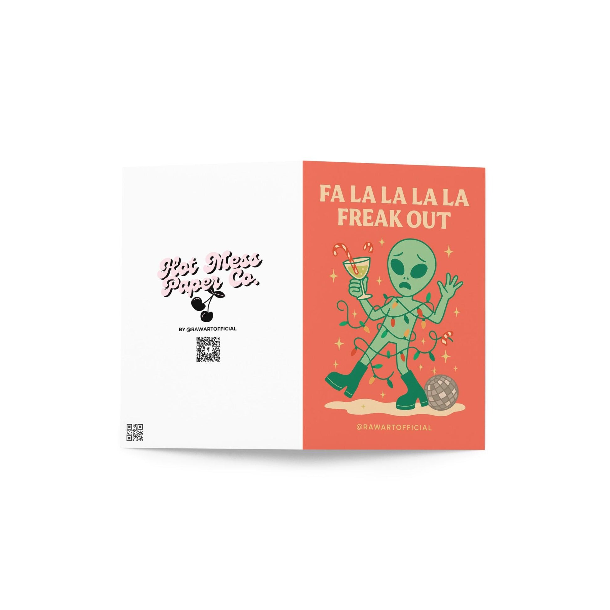 Funny alien Christmas card featuring an alien tangled in Christmas lights holding a cocktail with text “Fa La La La La Freak Out.”