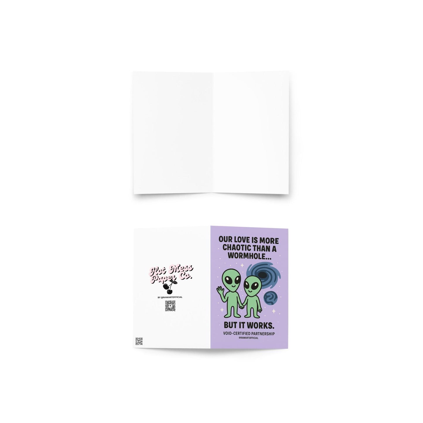Greeting card with a purple background featuring two green alien figures and the text "OUR LOVE IS MORE CHAOTIC THAN A WORMHOLE... BUT IT WORKS." 