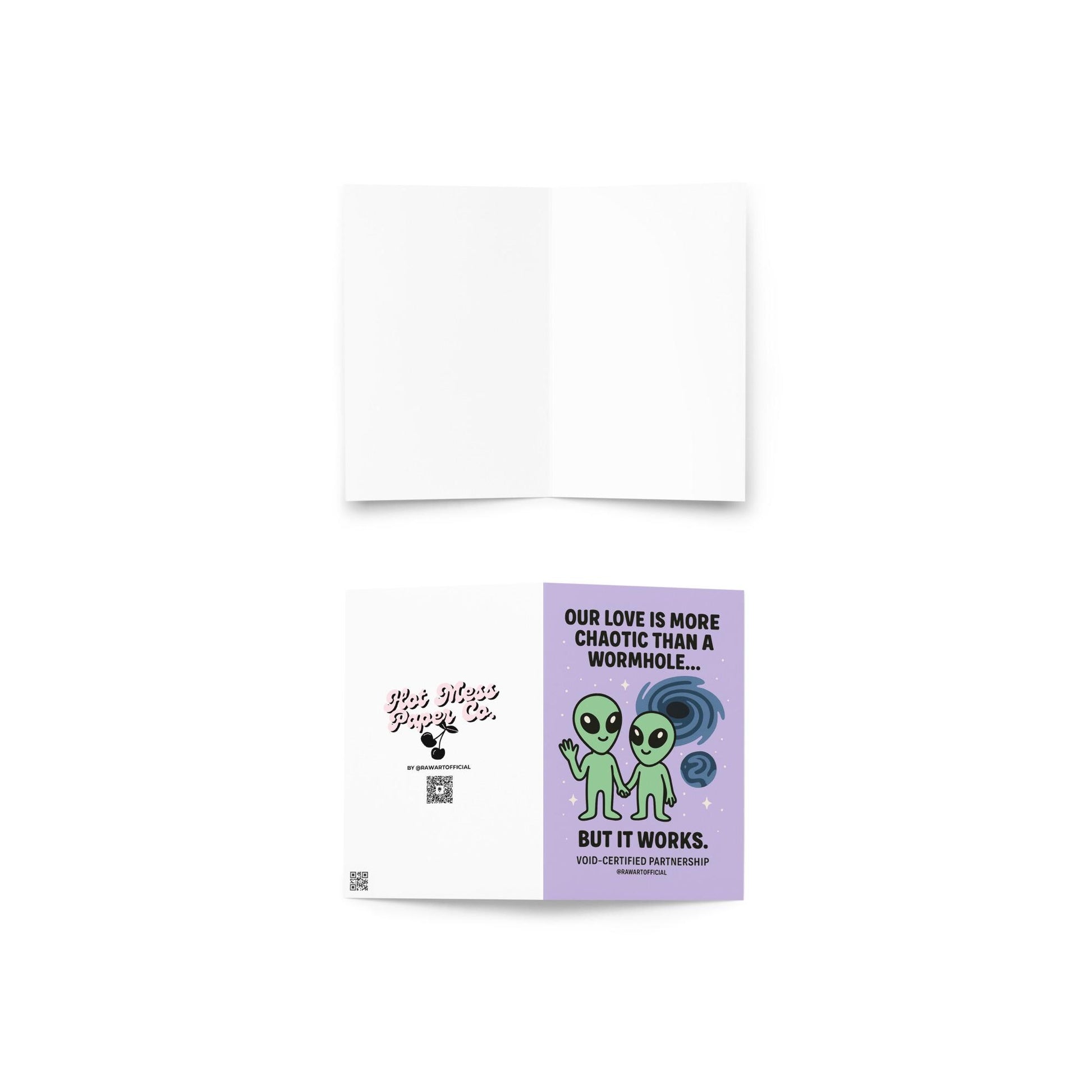 Greeting card with a purple background featuring two green alien figures and the text "OUR LOVE IS MORE CHAOTIC THAN A WORMHOLE... BUT IT WORKS." 