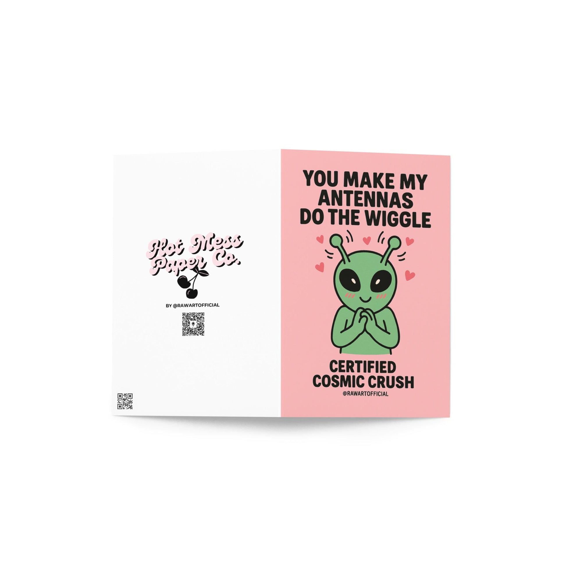 Cute green alien blushing with wiggling antennas and hearts on pink background, valentine card art.