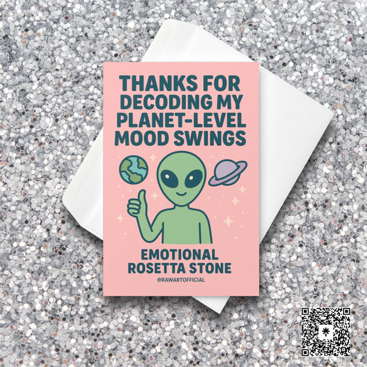 Cute alien holding thumbs-up with planets, funny mood swing Valentine’s Day card design.