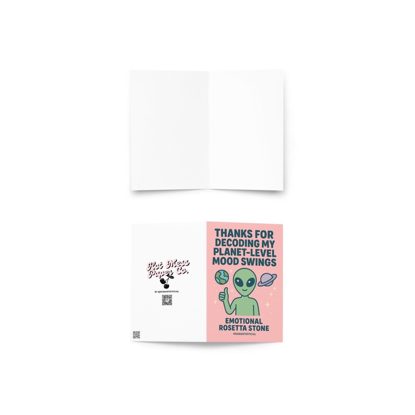 Cute alien holding thumbs-up with planets, funny mood swing Valentine’s Day card design.