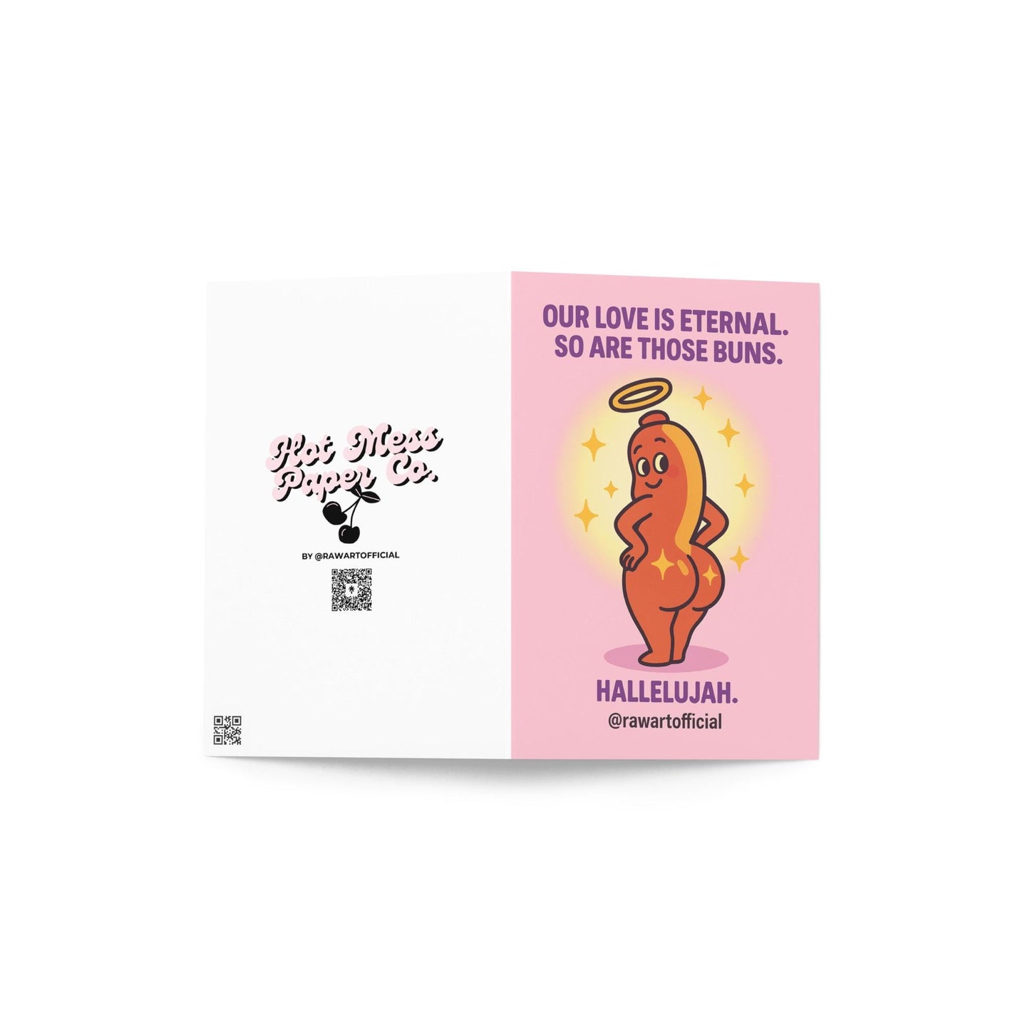Cartoon angel hot dog showing off glowing buns with sparkles, humorous anniversary card by @rawartofficial.