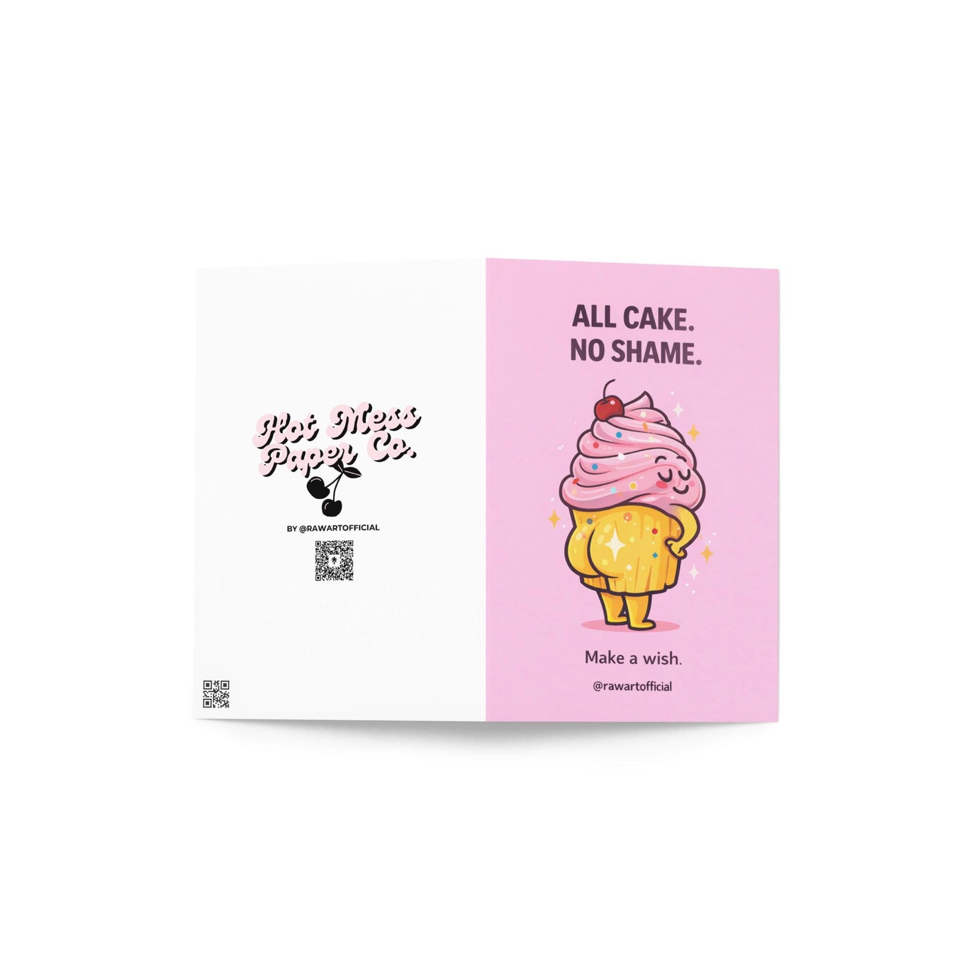 Funny cupcake birthday card with sassy cupcake character and text all cake no shame make a wish cute adult humor design