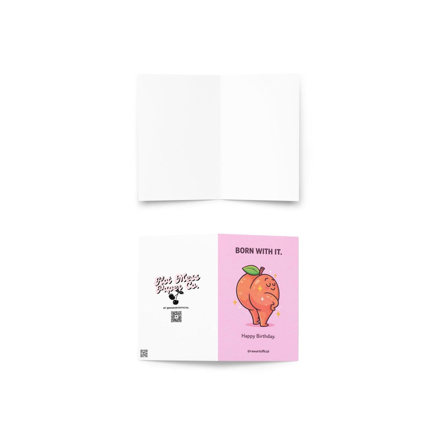 Funny peach birthday card with sassy peach character posing and text born with it happy birthday cute adult humor design