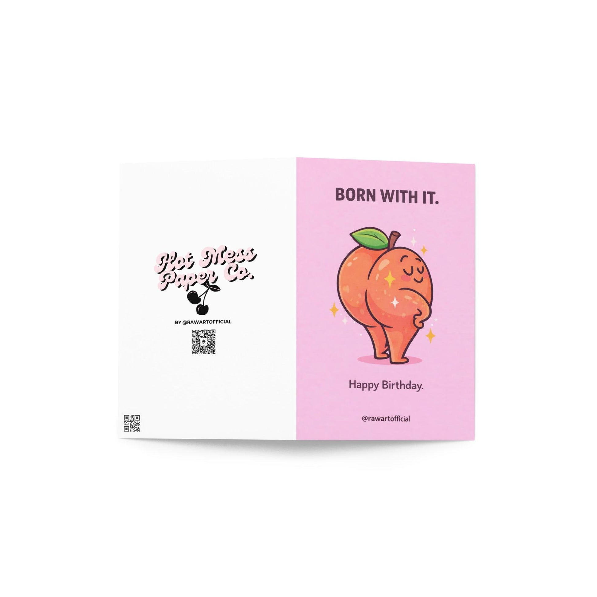 Funny peach birthday card with sassy peach character posing and text born with it happy birthday cute adult humor design