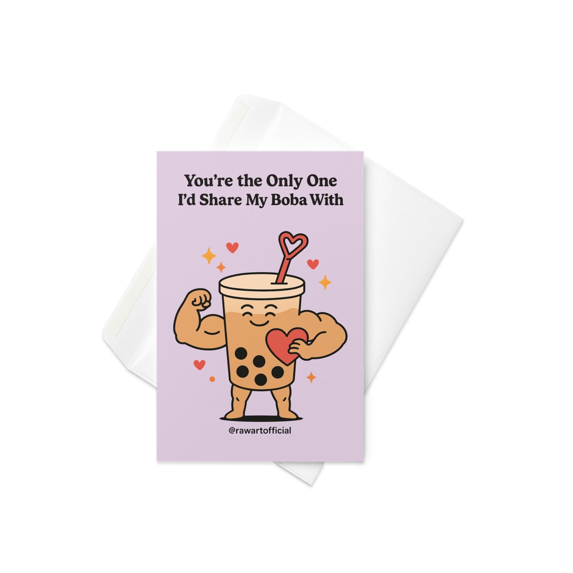 Muscular kawaii boba tea character holding a heart, cute pastel Valentine card by @rawartofficial.