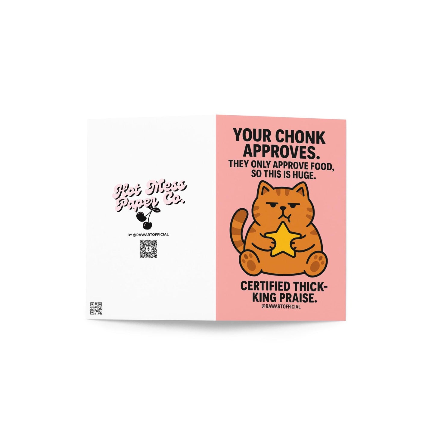 Chonky orange cat holding a star on a pink background with bold funny approval text.