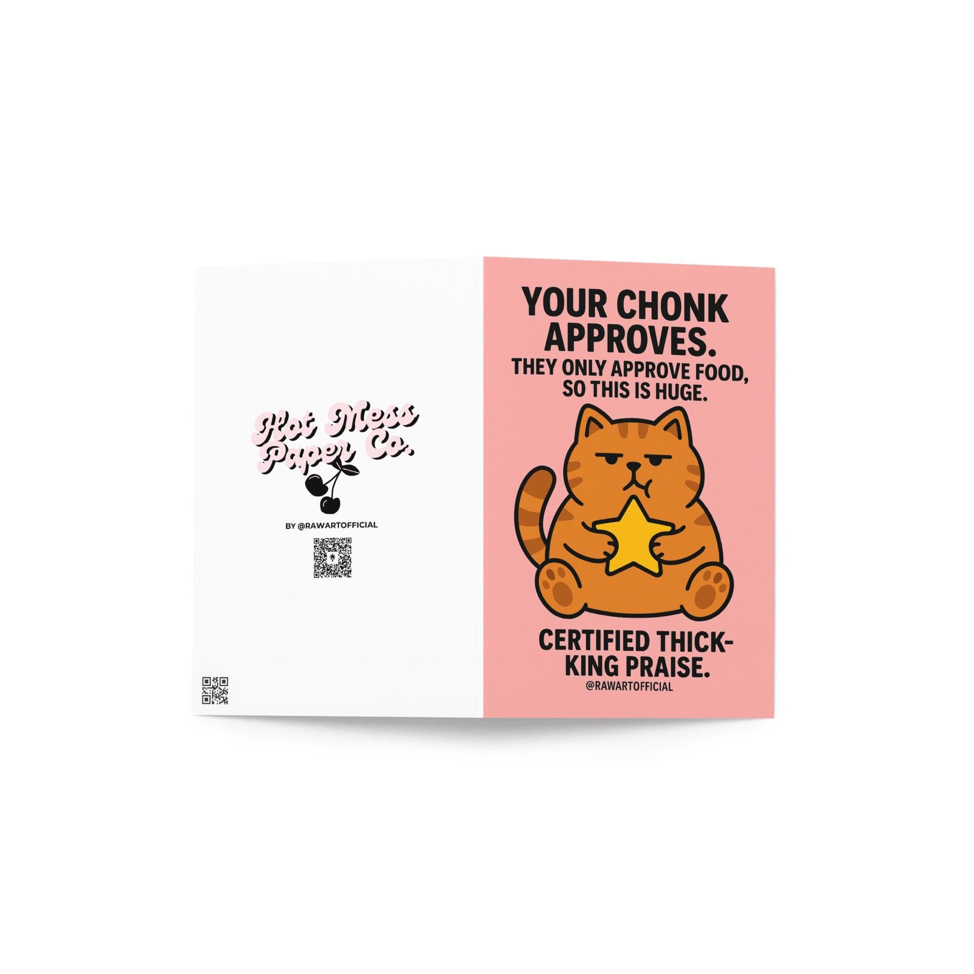 Chonky orange cat holding a star on a pink background with bold funny approval text.