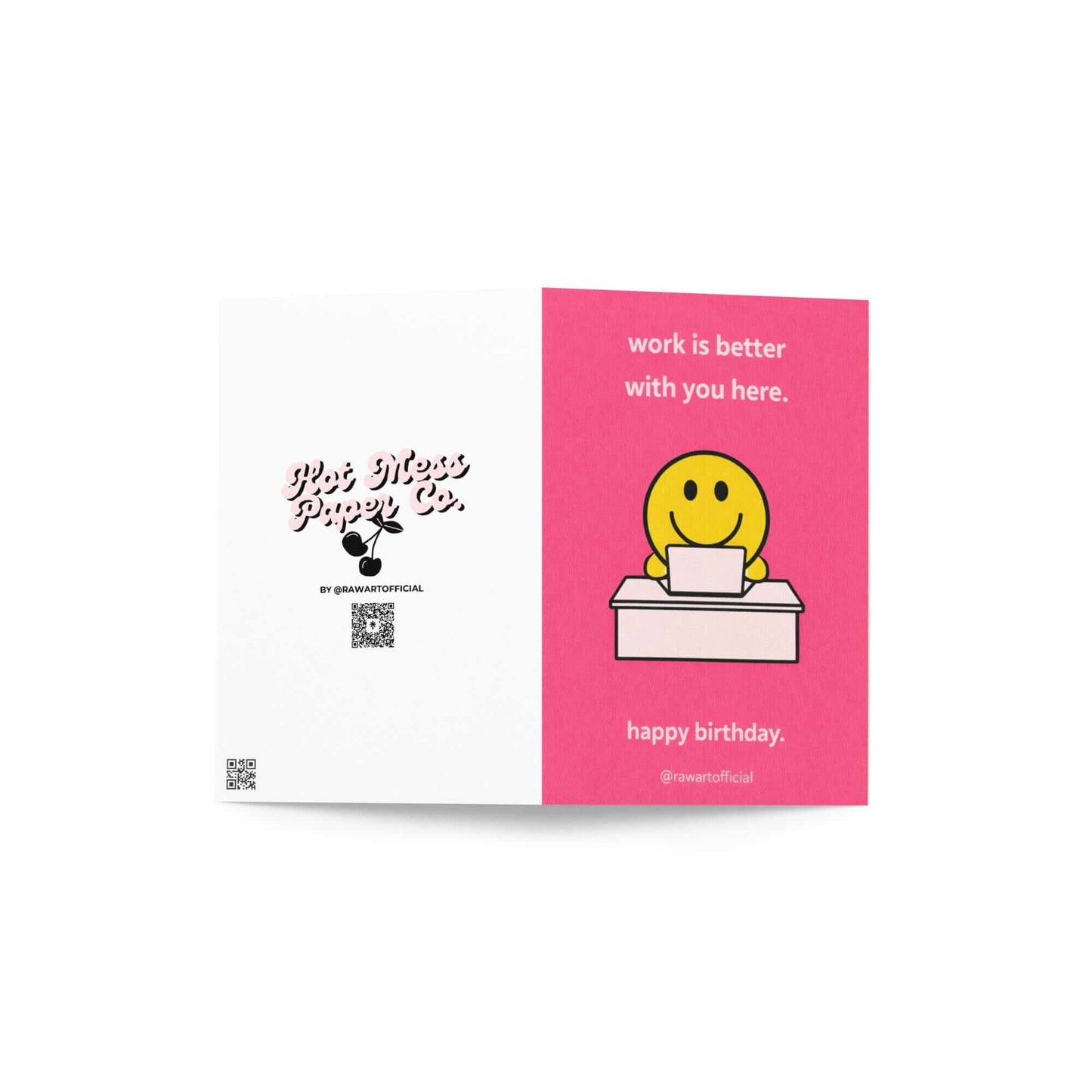 Funny coworker birthday card with smiley face at desk and text work is better with you here minimalist pink office humor design