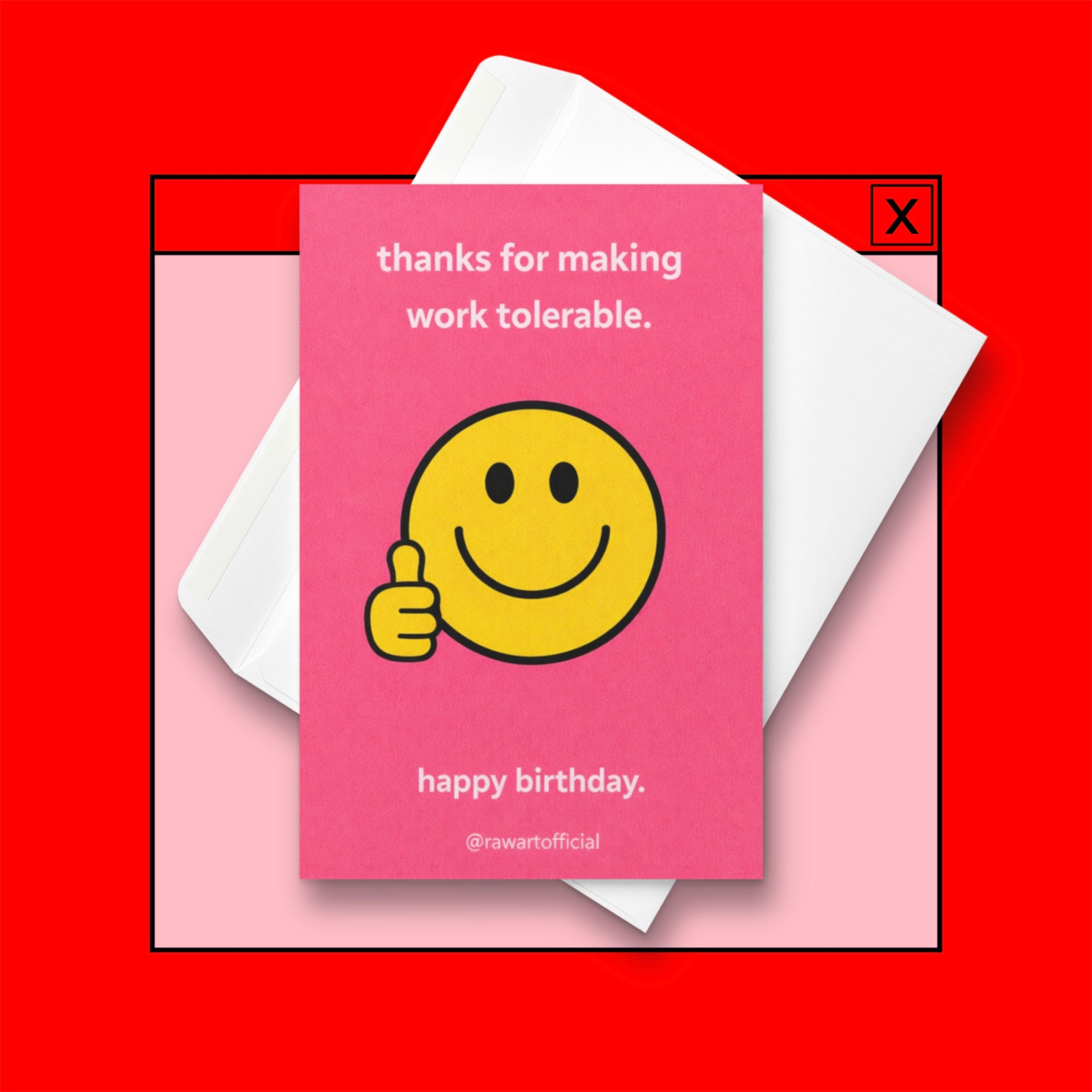 Funny coworker birthday card with smiley face giving thumbs up and text thanks for making work tolerable pink office humor design