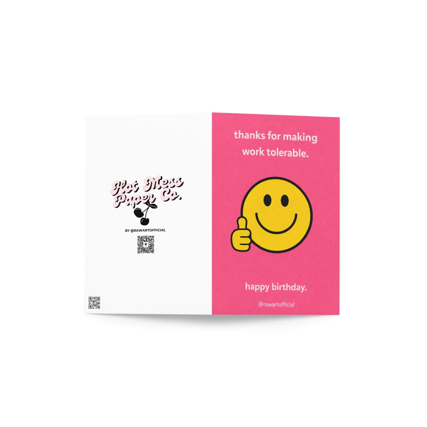 Funny coworker birthday card with smiley face giving thumbs up and text thanks for making work tolerable pink office humor design