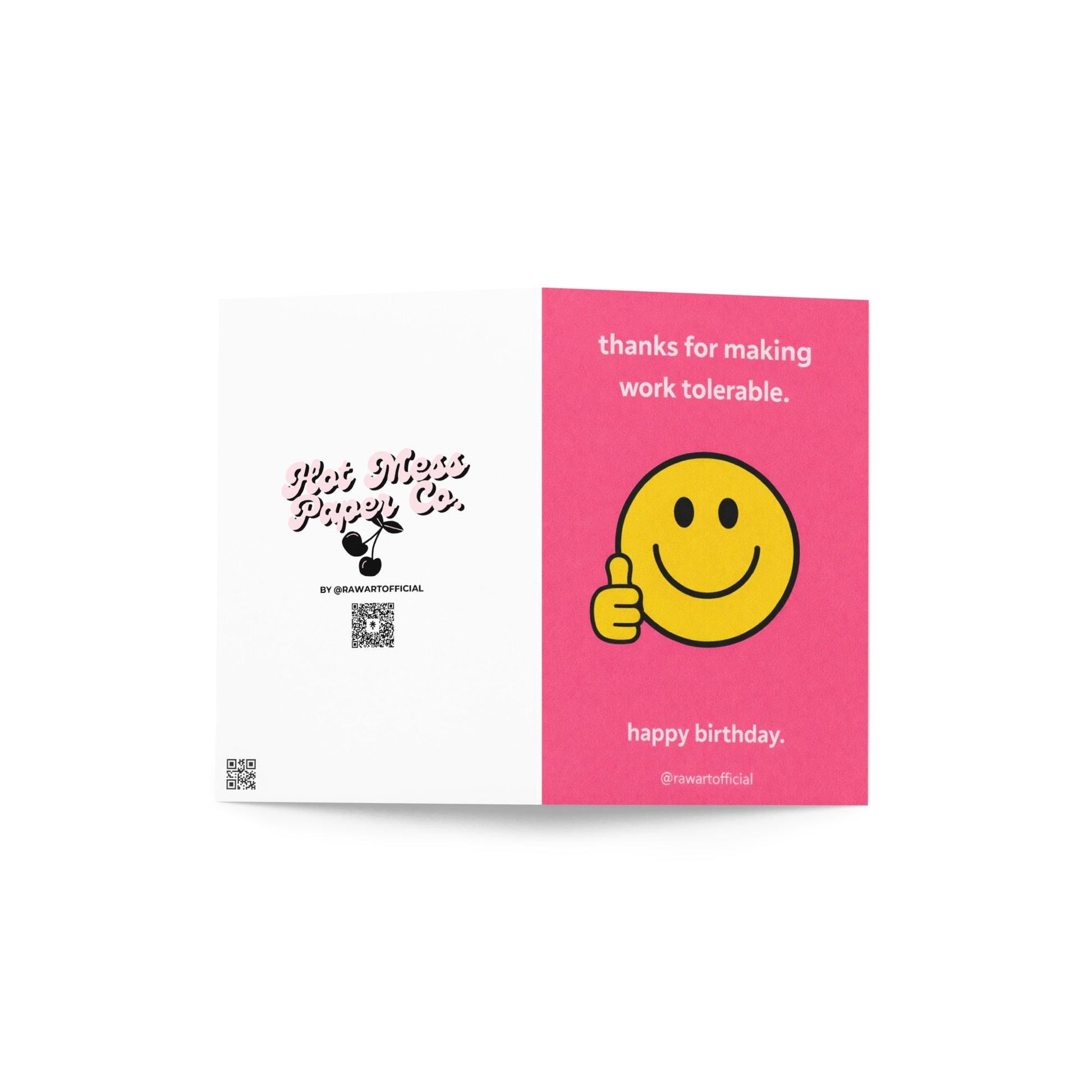 Funny coworker birthday card with smiley face giving thumbs up and text thanks for making work tolerable pink office humor design