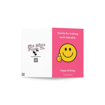 Funny coworker birthday card with smiley face giving thumbs up and text thanks for making work tolerable pink office humor design
