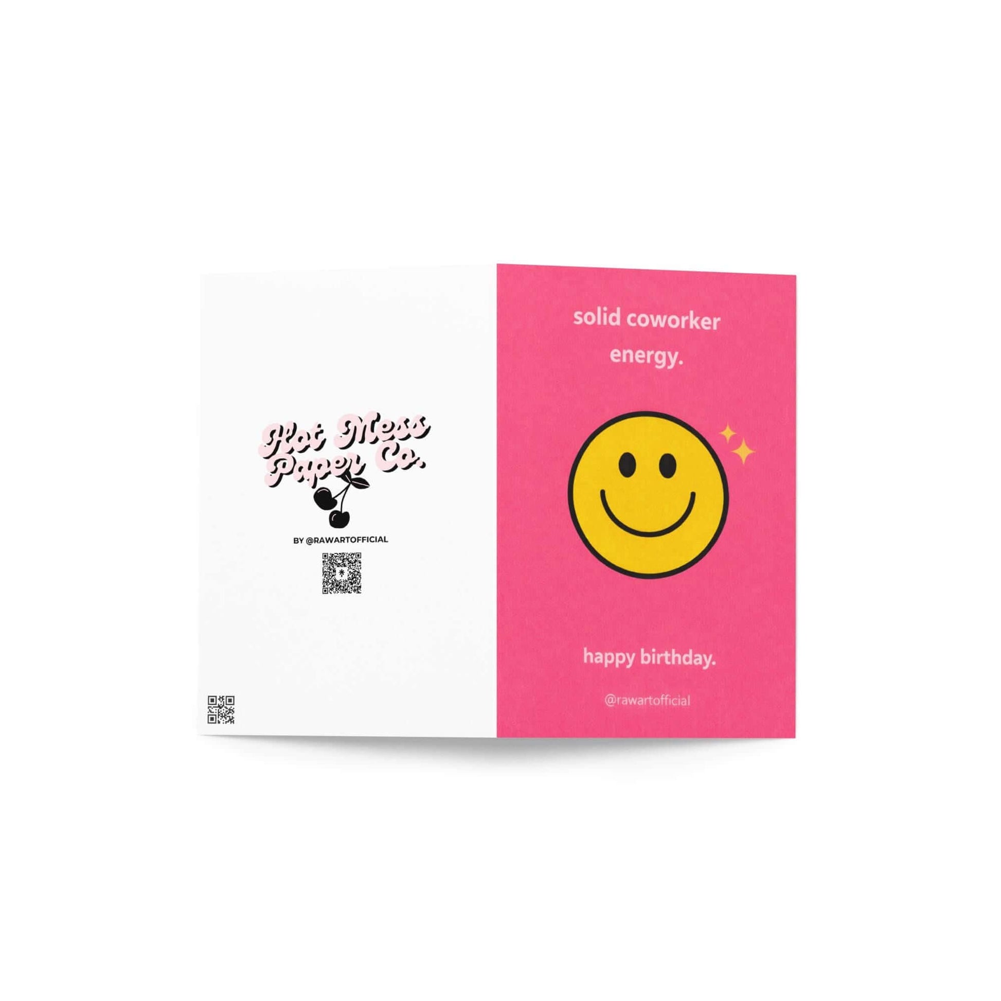 Funny coworker birthday card with smiley face and sparkles and text solid coworker energy happy birthday pink office humor design