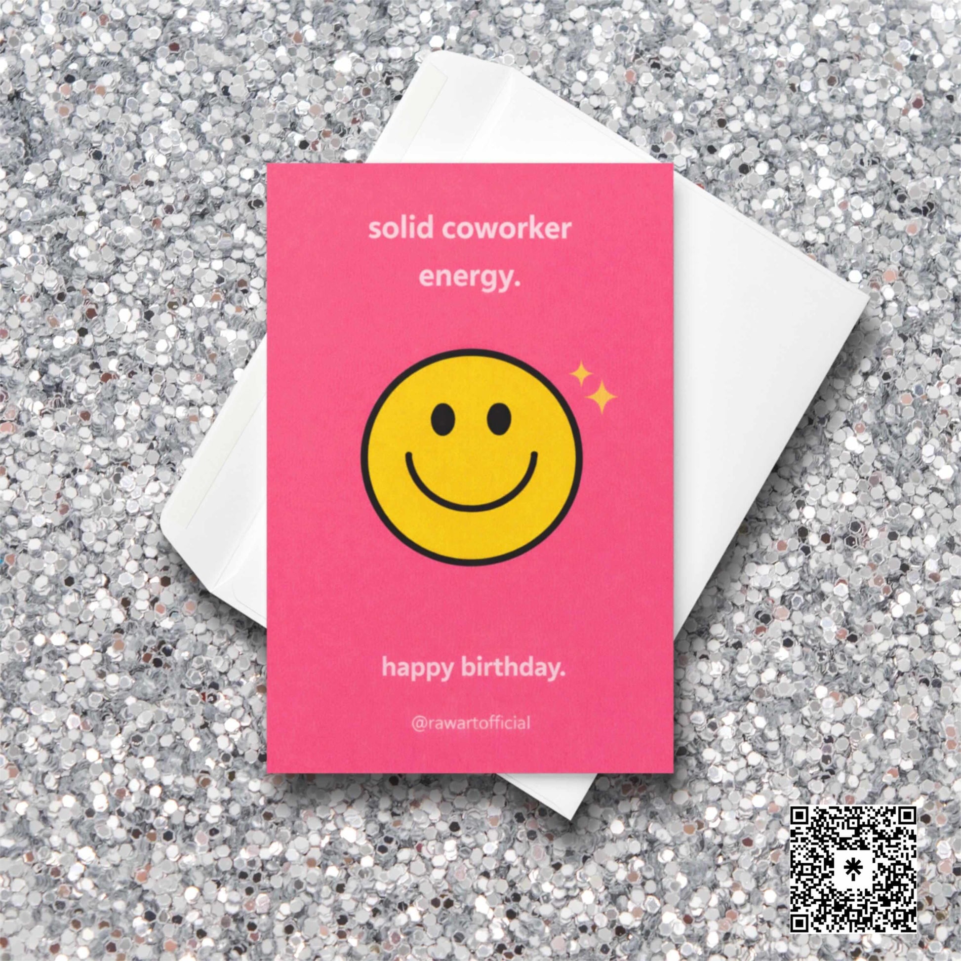 Funny coworker birthday card with smiley face and sparkles and text solid coworker energy happy birthday pink office humor design