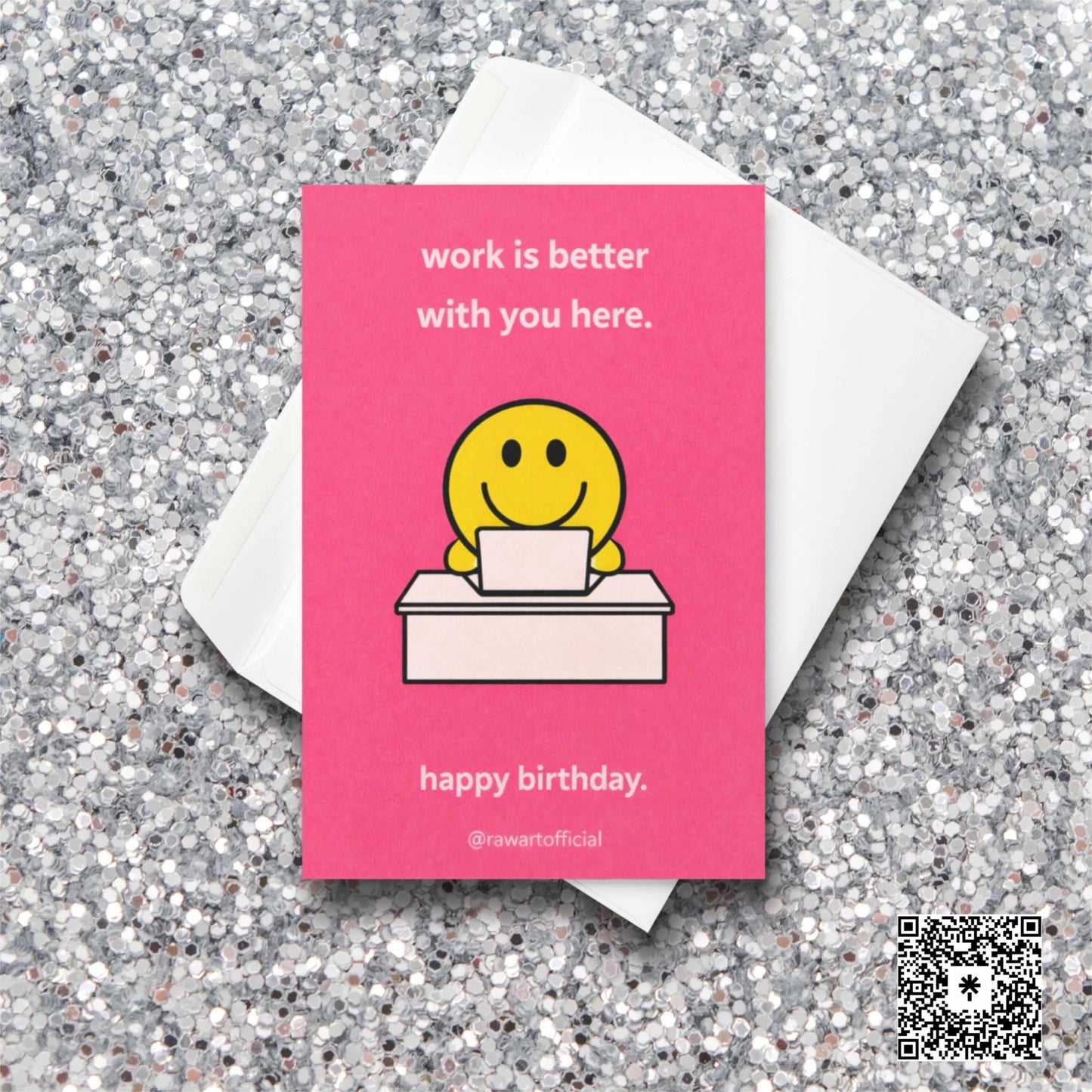 Funny coworker birthday card with smiley face at desk and text work is better with you here minimalist pink office humor design