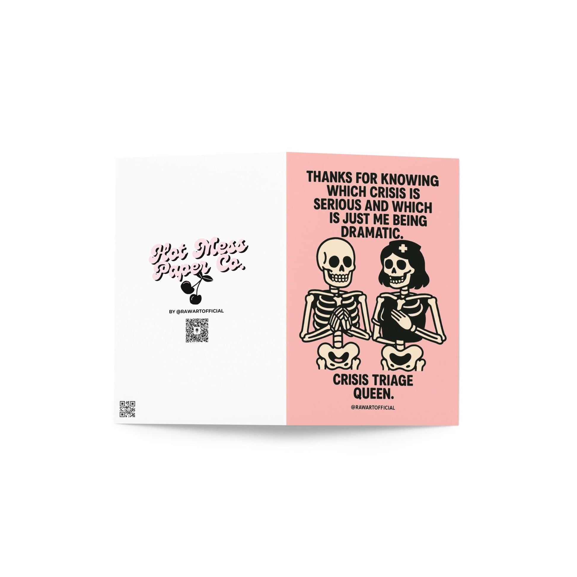 Two cute skeletons, one dressed as a nurse, with text “Crisis Triage Queen” on a pink background.