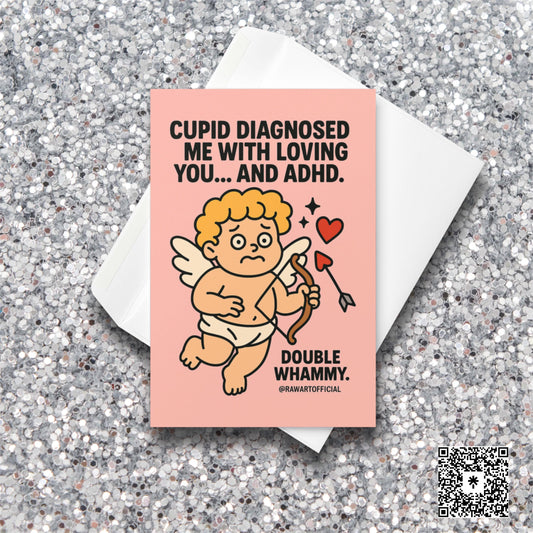 Cute worried cupid with heart arrow and ADHD text on pink background, funny valentine card.