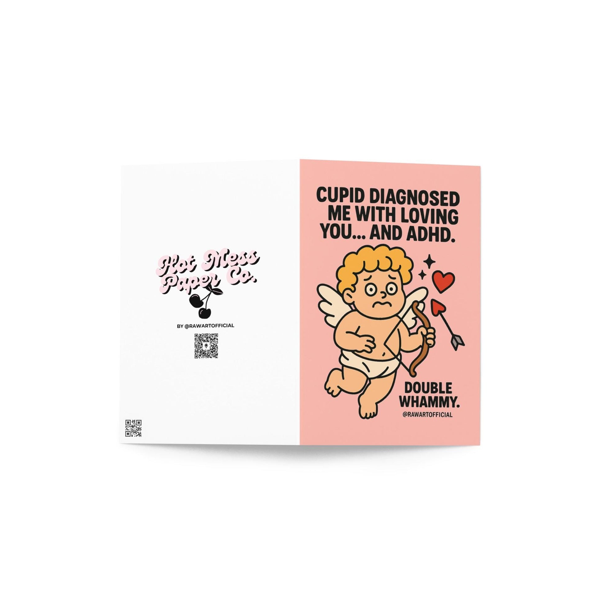 Cute worried cupid with heart arrow and ADHD text on pink background, funny valentine card.
