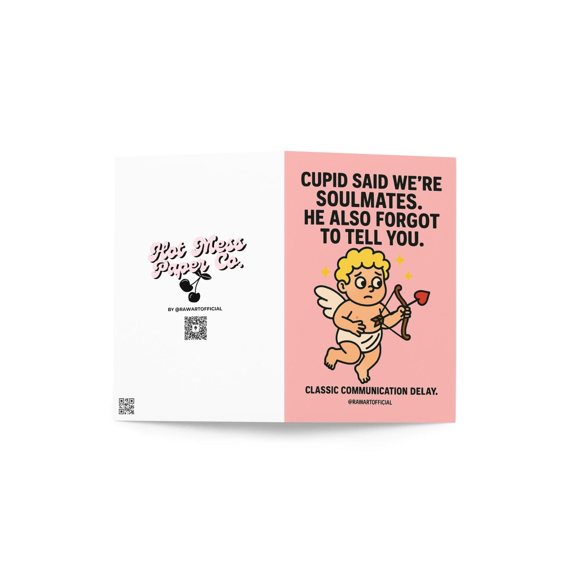 Cute anxious cupid holding heart arrow on pink background with funny soulmate communication quote.