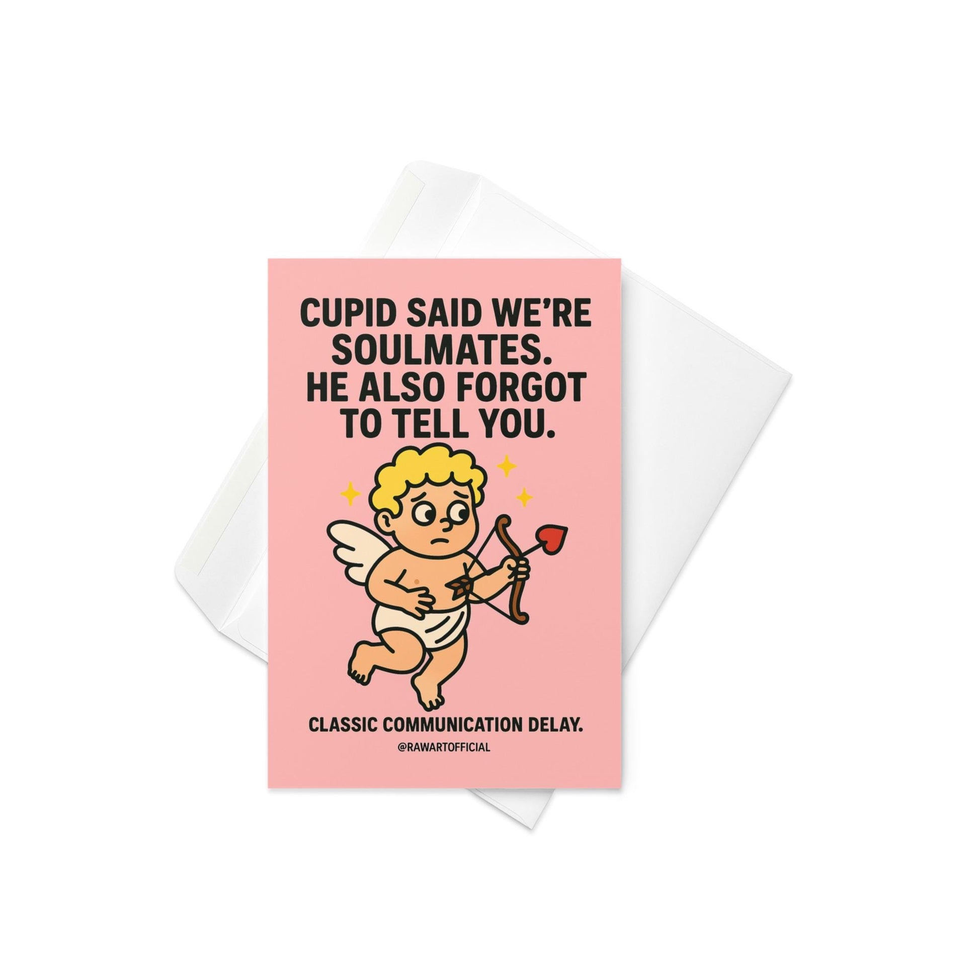 Cute anxious cupid holding heart arrow on pink background with funny soulmate communication quote.