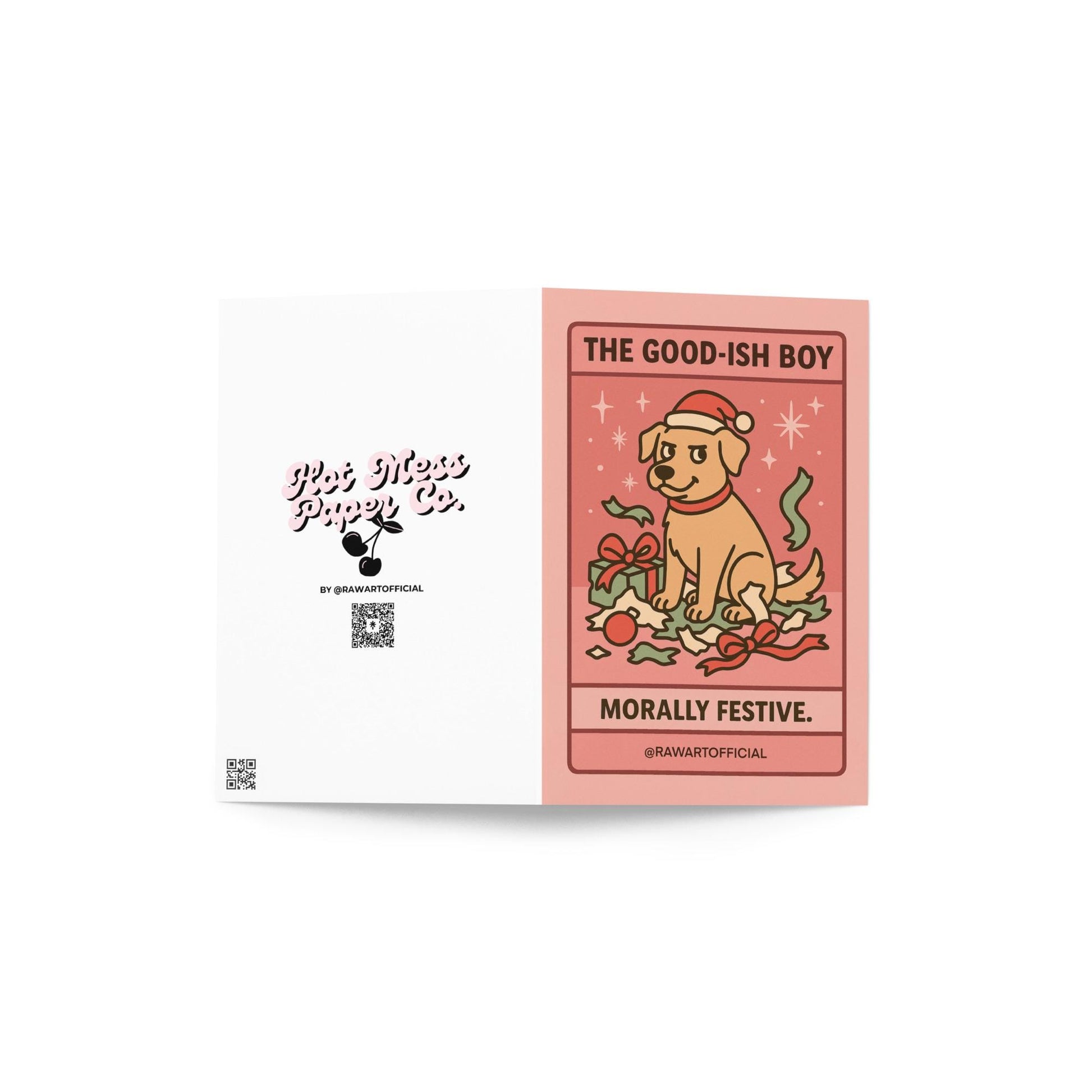 Yellow dog in Santa hat sitting in torn wrapping paper with text “The Good-Ish Boy — Morally Festive.”